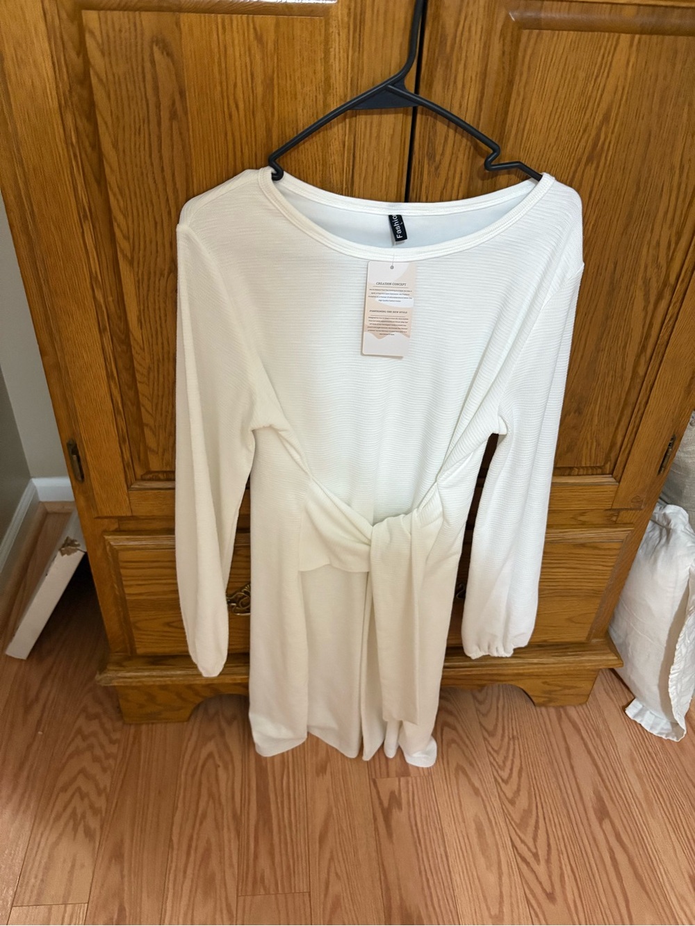 Cream Tie-Front Midi Dress with Long Sleeves